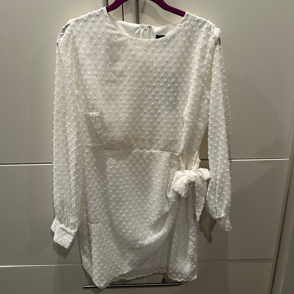 NWT Lulus Much Love White Swiss Dot Long Sleeve Tie Front Mini Dress